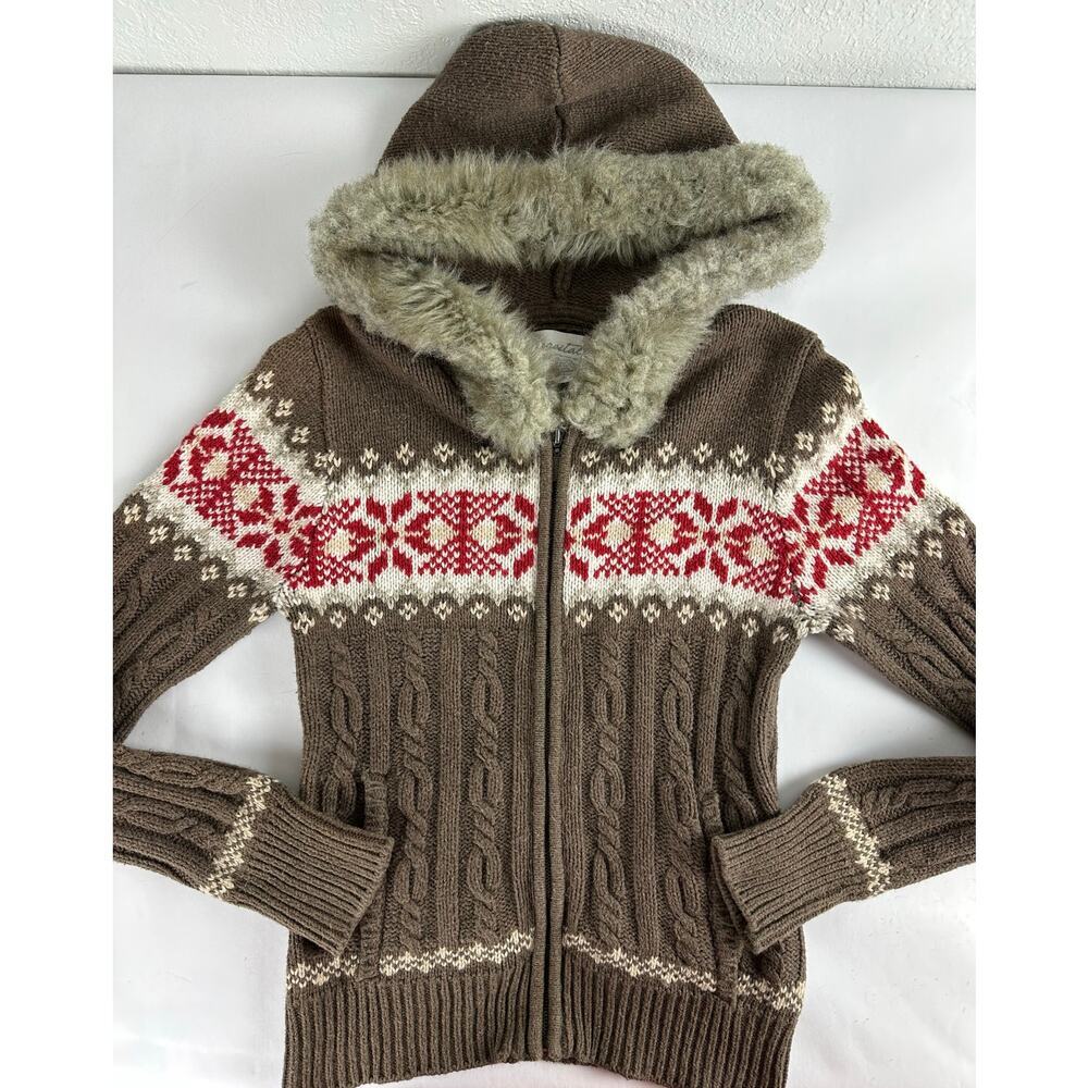 Y2K Aeropostale Bella Swan Knit Fair Isle Full Zip Sweater Medium Snow Bunny